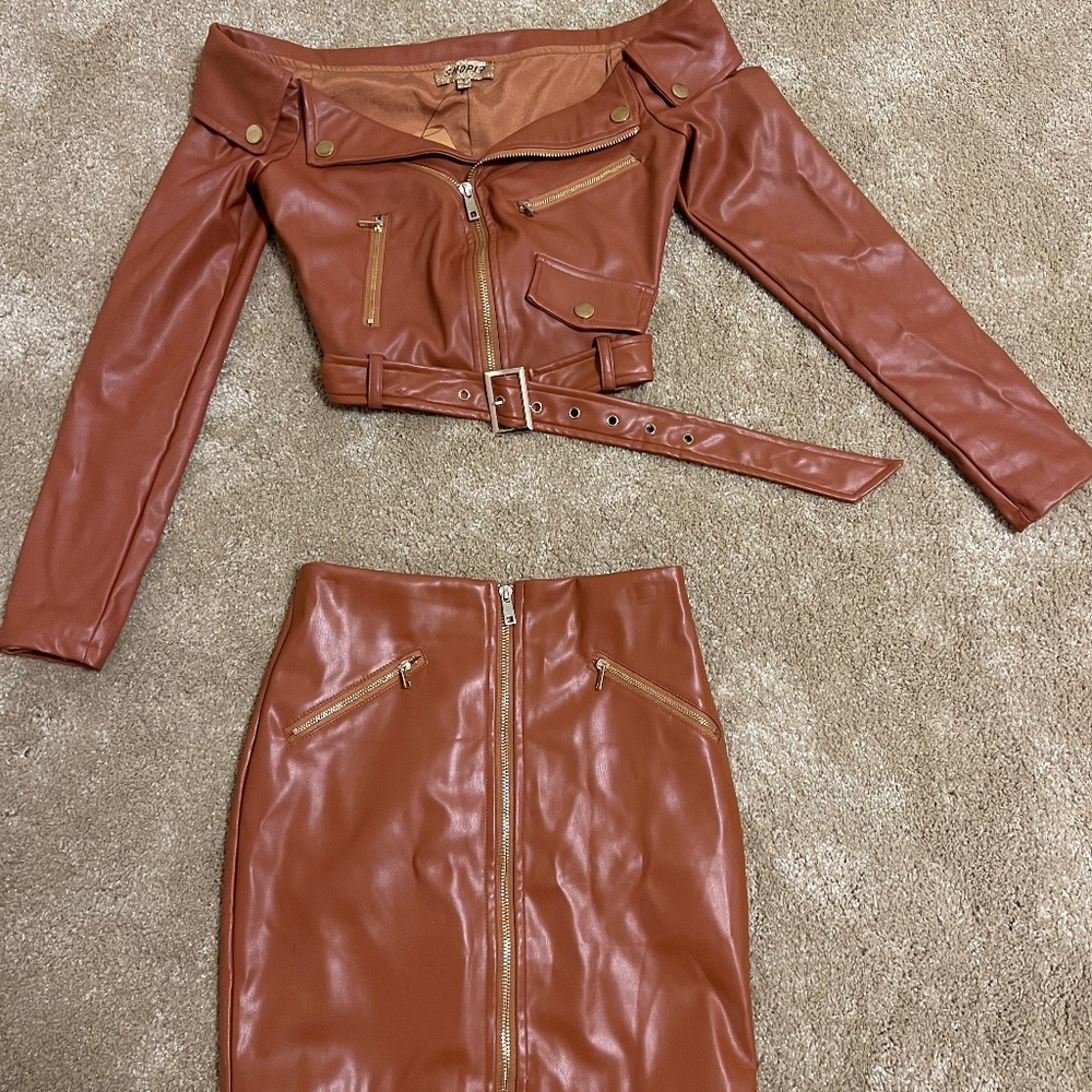 Vegan brown leather jacket/skirt set